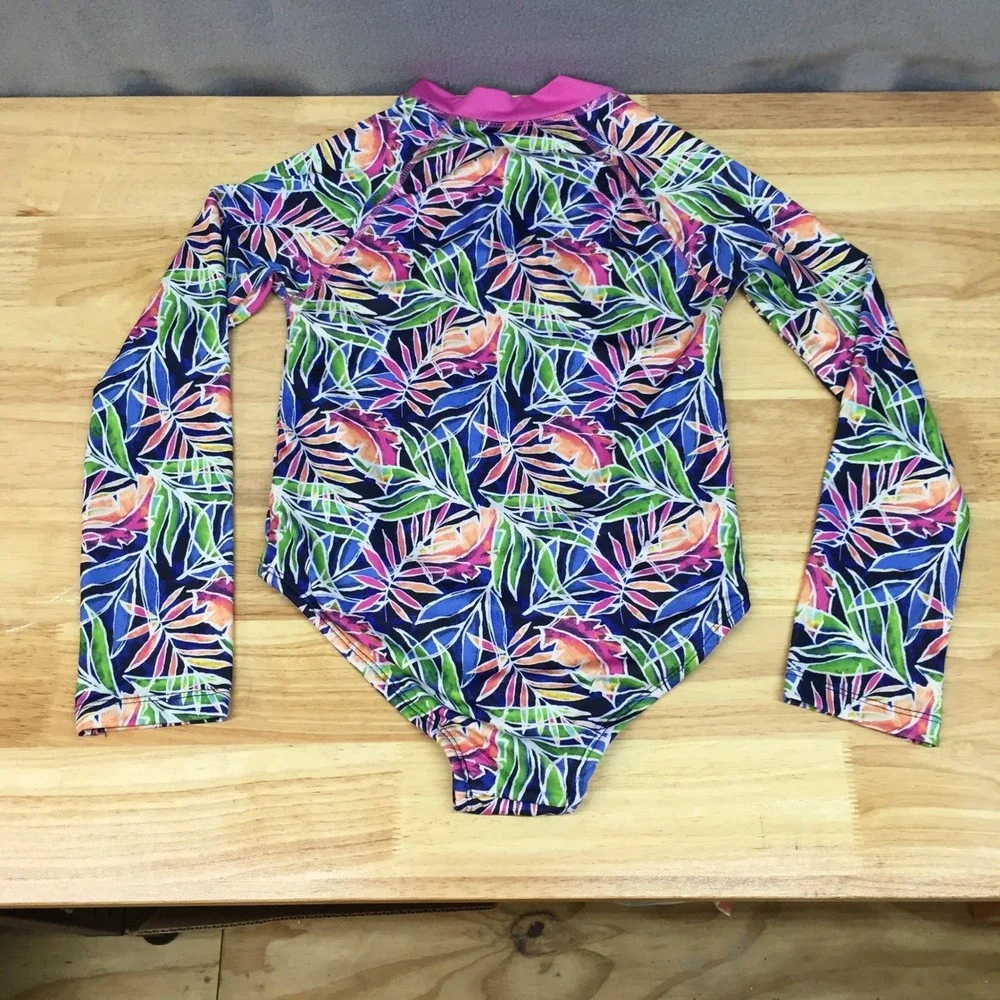 Vince Camuto Girls Long Sleeve One Piece Swimsuit Tropical Palm Print‎ Size 12